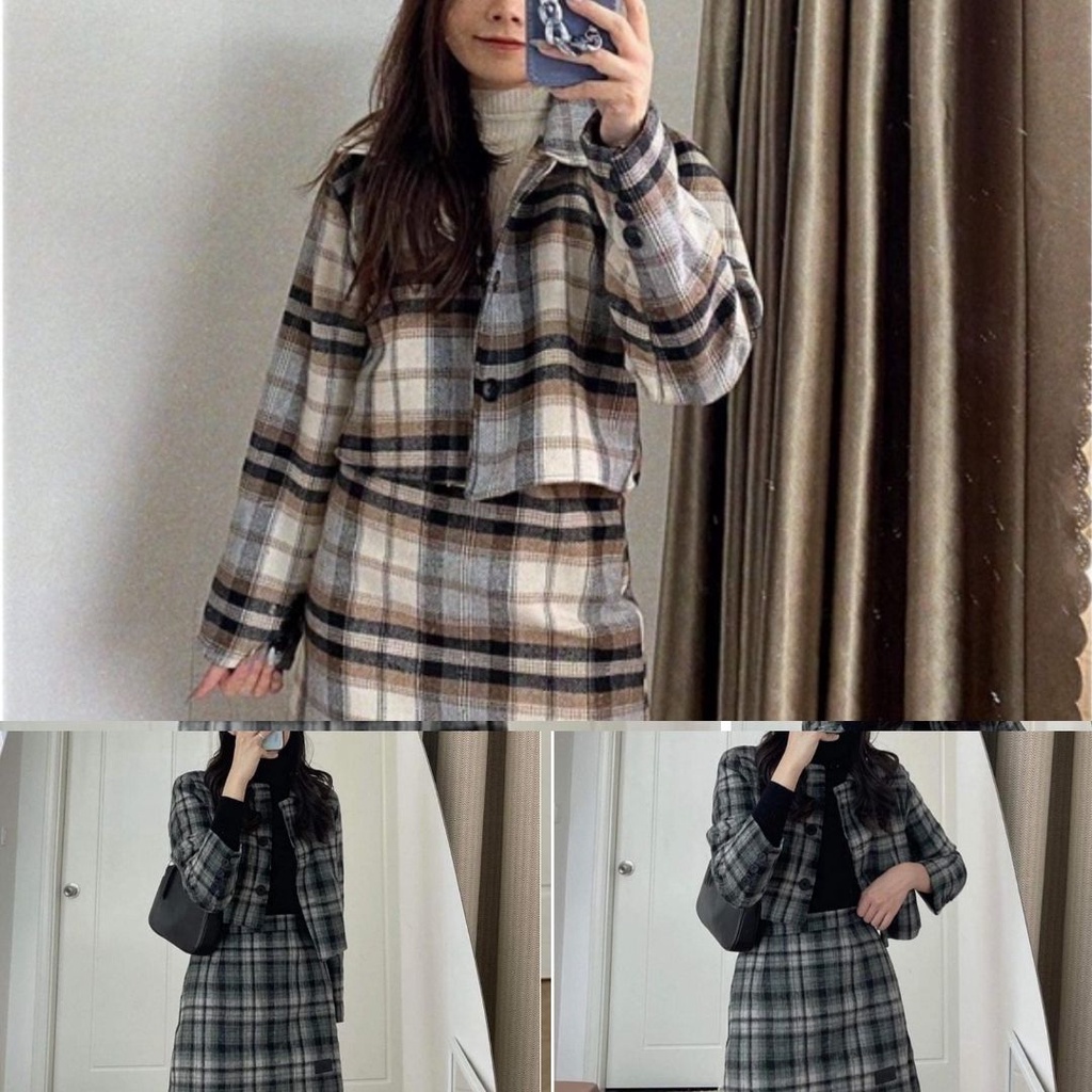 Bộ Chân Váy Phối Áo Khoác Croptop Kẻ Nữ 🌸Set đồ váy dáng ngắn chữ A, áo nỉ dài tay , cuốn hút Ulzzang | 21125