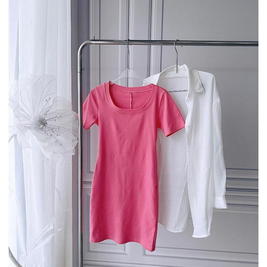 SET ĐẦM HỒNG CỔ TRÒN + ÁO SƠ MI TRẮNG