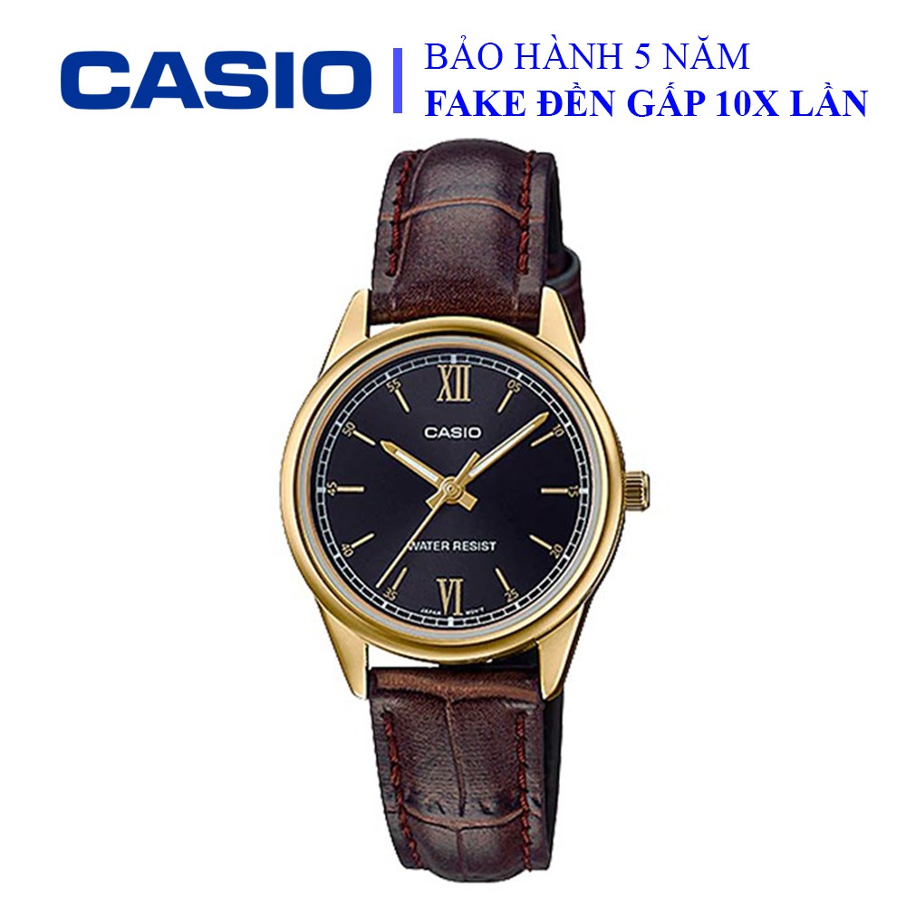 Đồng hồ Casio nữ dây da thể thao, mặt đen viền vàng sang trọng, chống nước WR30M đi bơi (LTP-V005GL-1B2UDF)