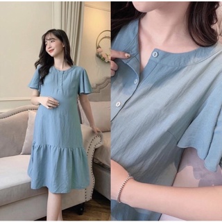 Váy bầu váy suông baby đôn cổ trụ màu xanh lạ mắt