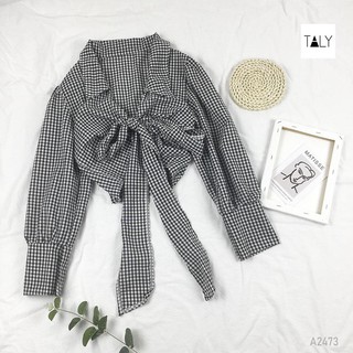 Áo caro đắp chéo thắt nơ a2473 taly