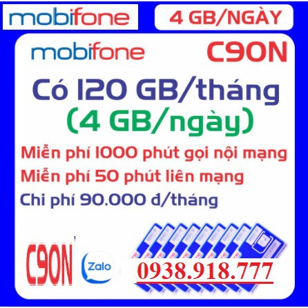 Sim 4G Mobifone C90N- 4GB/NGÀY - 120GB DATA TỐC ĐỘ CAO - MIỄN PHÍ GỌI