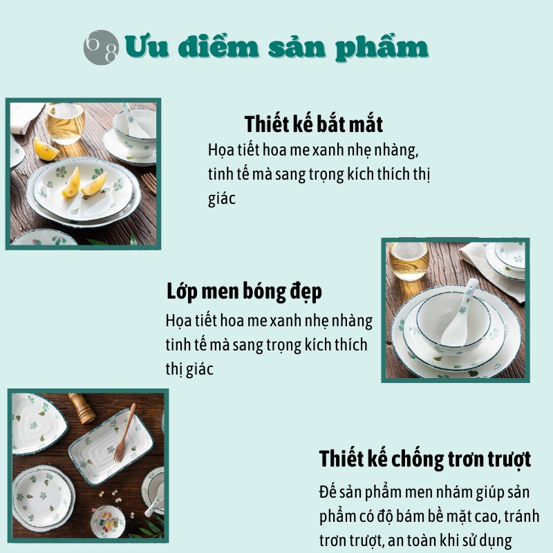 Bộ Bát Đĩa Chén Dĩa Sứ Bát Ăn cơm gốm sứ cao cấp họa tiết Hoa me xanh