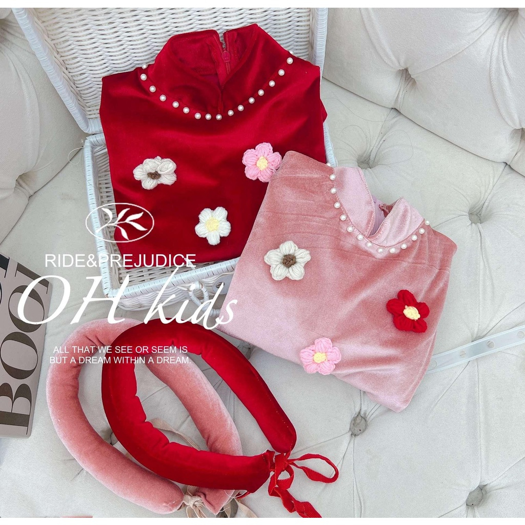 Set áo dài nhung đính hoa len cho bé gái