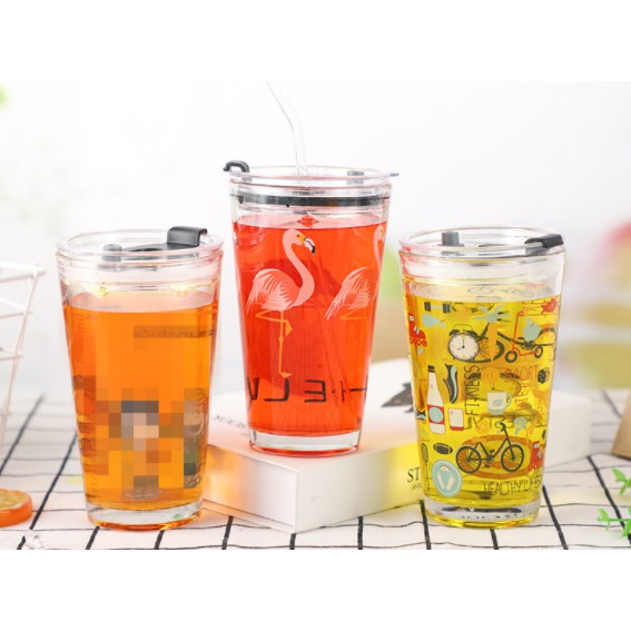 cốc nước hồng hạc BN26 thuỷ tinh bình nước 300ml - 450ml bình nước cute bình nước dễ thương