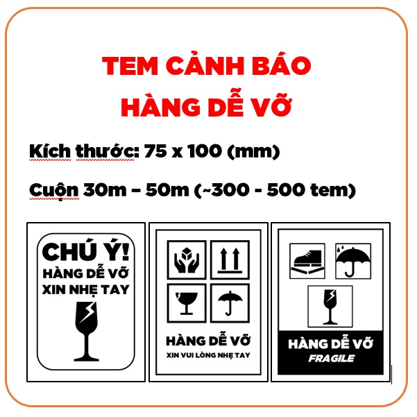 Combo 50 - 100 tem HÀNG DỄ VỠ 75x100 (7.5x10) in sẵn nhiều mẫu tự chọn / Nhãn decal dán cảnh báo đơn hàng vận đơn