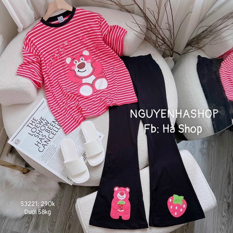 Set Bộ Đồ Nữ Áo Thun Sọc Gấu + Quần Dài Thun