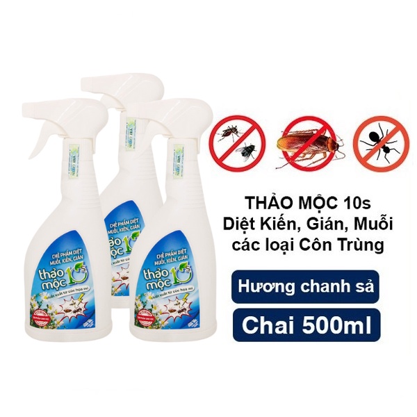 [Combo 3 chai] Thảo mộc 10s diệt côn trùng muỗi kiến gián mối,.. sinh học học, an toàn cho trẻ hương Chanh Sả chai 500ml