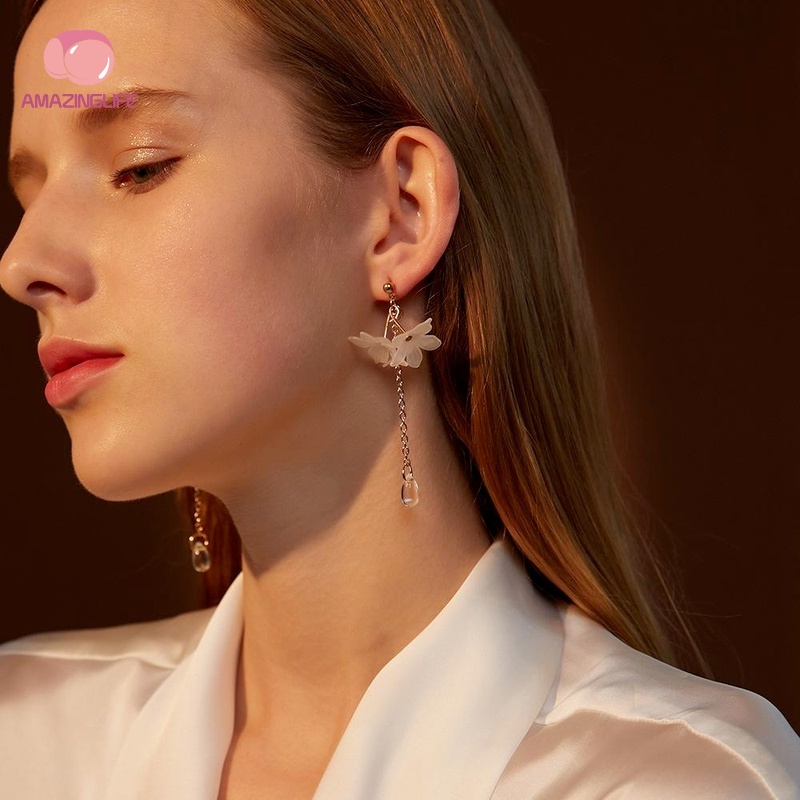 Bông Tai Mạ Bạc Dáng Dài Hình Cánh Hoa Đính Đá Zircon / Ngọc Trai Phong Cách Hàn Quốc Thời Trang Cho Nữ