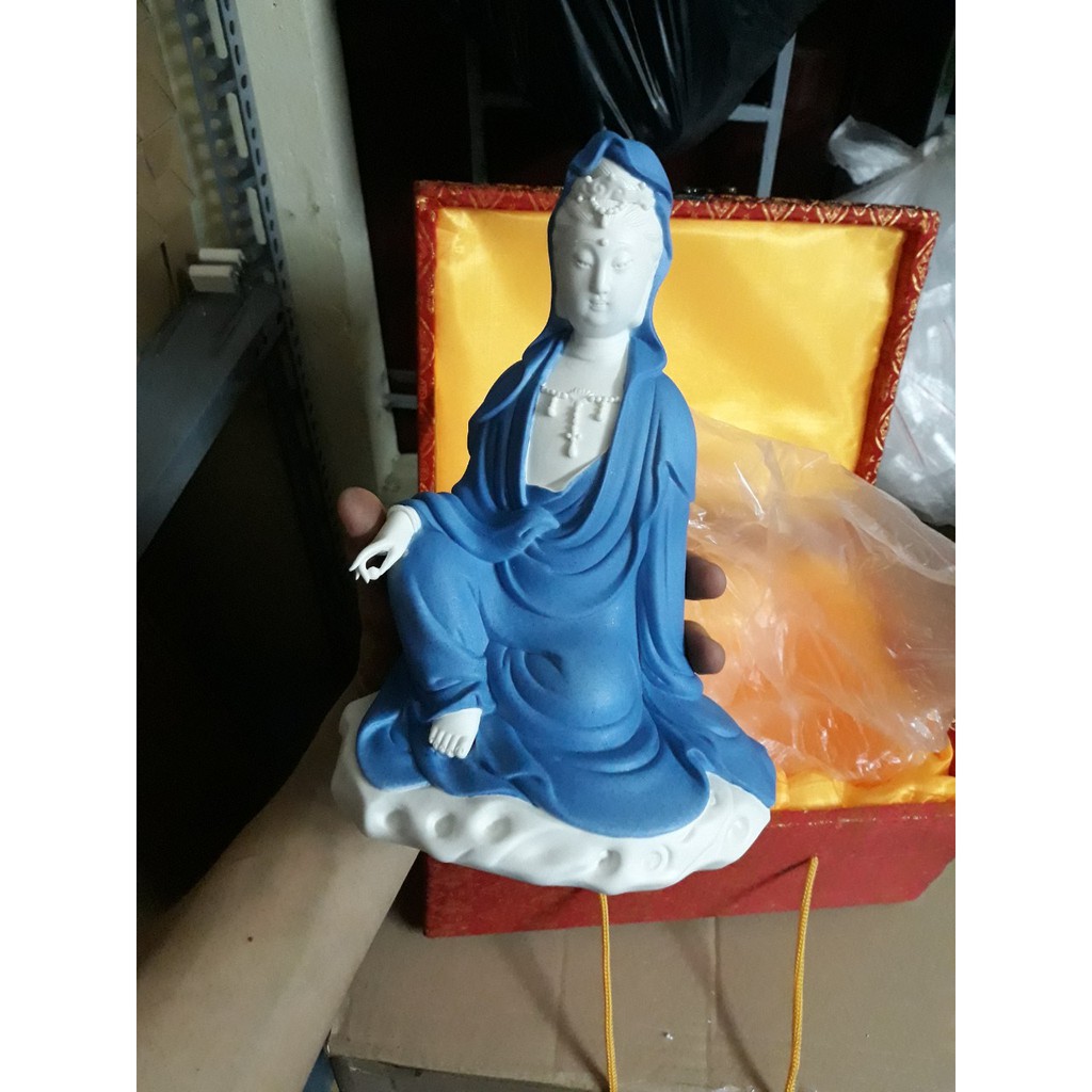 Tượng Quan Âm gốm trắng tọa thiền tịnh tâm- Tượng phật gốm tử sa trang trí decor ghép lũa