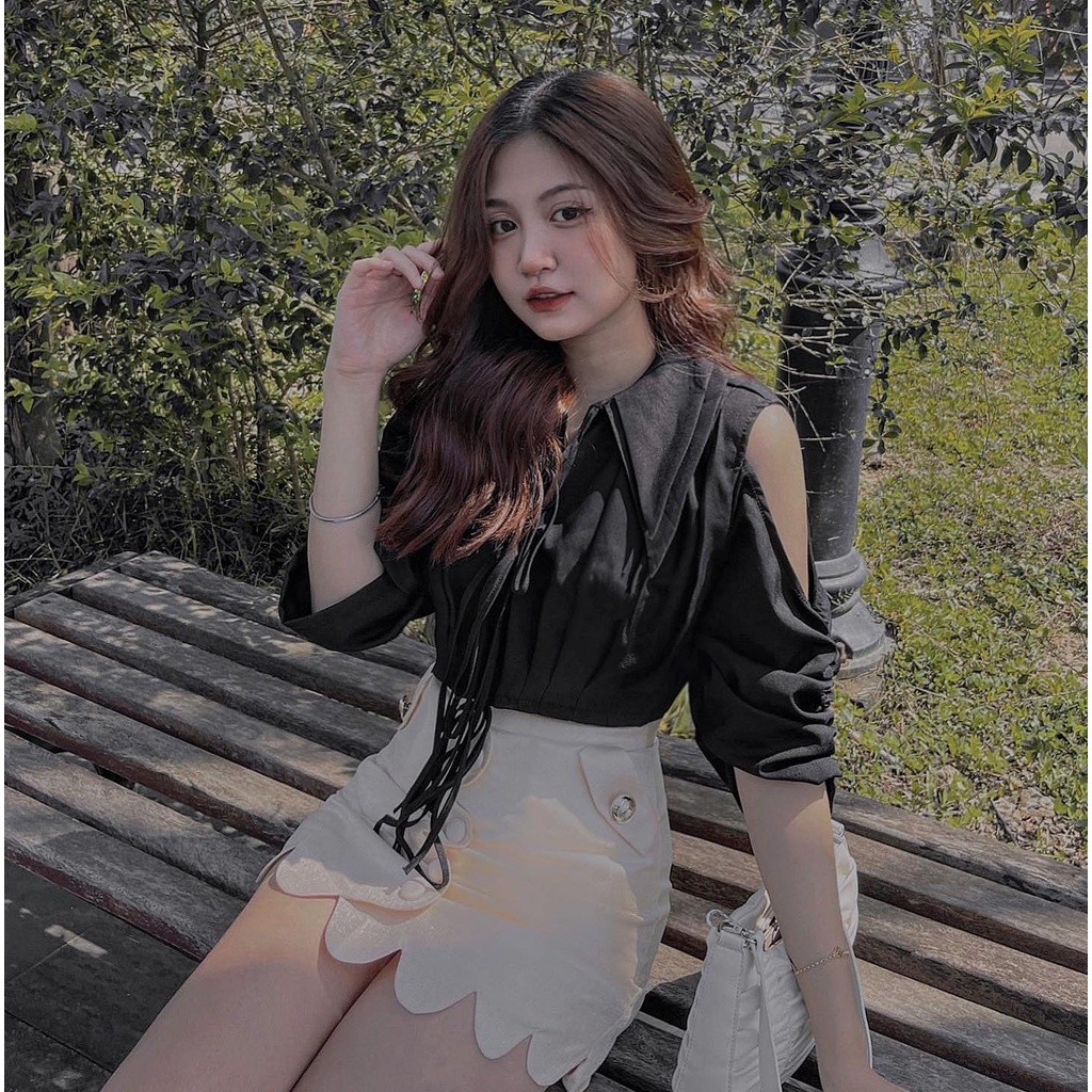 THE FANCE | Áo sơ mi croptop tay cut out vải chống nhăn DARLING CROP SHIRT