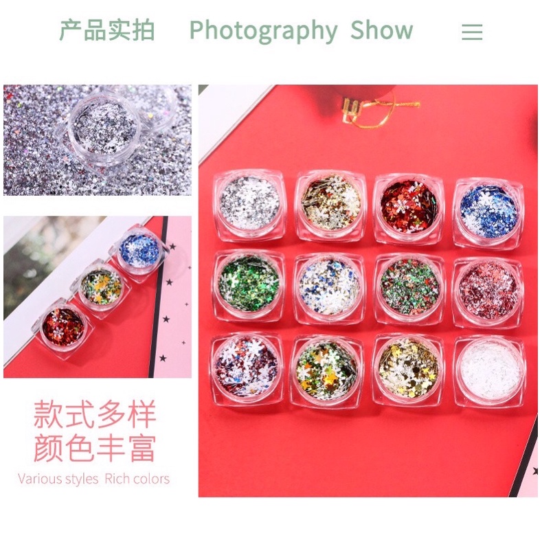 Set 12 màu nhũ mắt, nhũ kim tuyến trang trí móng Kira Gritter hoa tuyết, ngôi sao | BigBuy360 - bigbuy360.vn