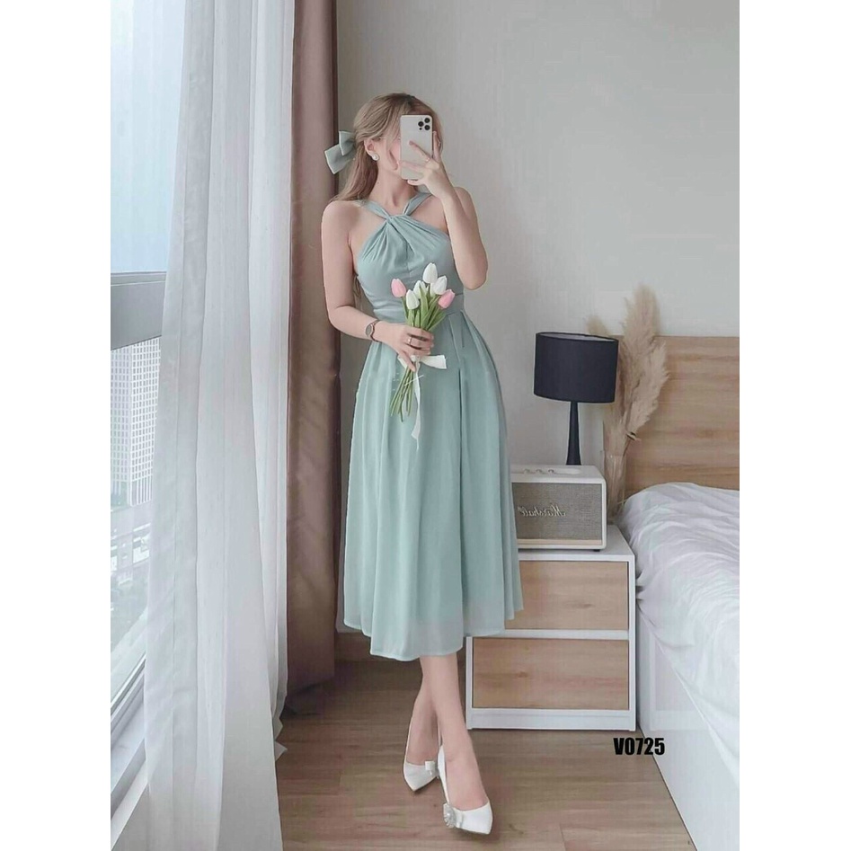 Đầm công chúa dáng dài đi chơi, đầm tiểu thư cổ yếm hở lưng phong cách bánh bèo có mút chuẩn hàn quốc