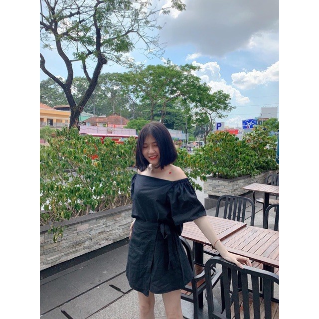 (có lót trong) SET CHÂN VÁY CỘT NƠ BÊN HÔNG VÀ ÁO TRỄ VAI ĐỘC LẠ - SET ÁO CỔ VUÔNG TRỄ VAI + CHÂN VÁY NƠ VẠT LỆCH ĐEN TR