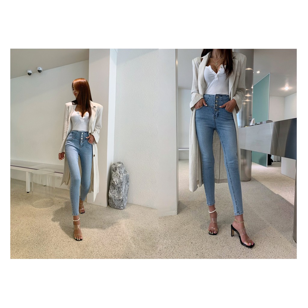 Quần Legging Denim Phối Hàng Nút Phong Cách Hàn Quốc