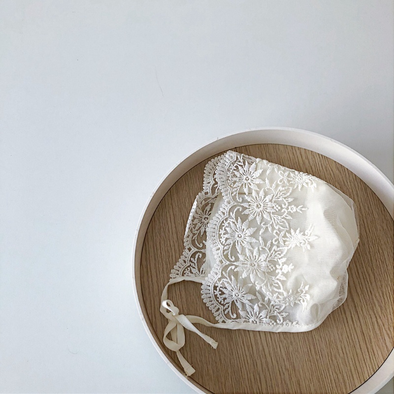 Mũ bonnet vải cotton phối ren hoa dễ thương làm phụ kiện chụp ảnh dành cho bé sơ sinh
