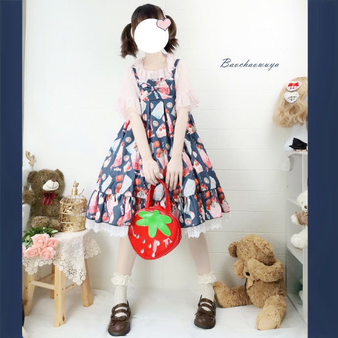 Đầm Lolita Hai Dây Họa Tiết Dâu Tây Dễ Thương Cho Nữ