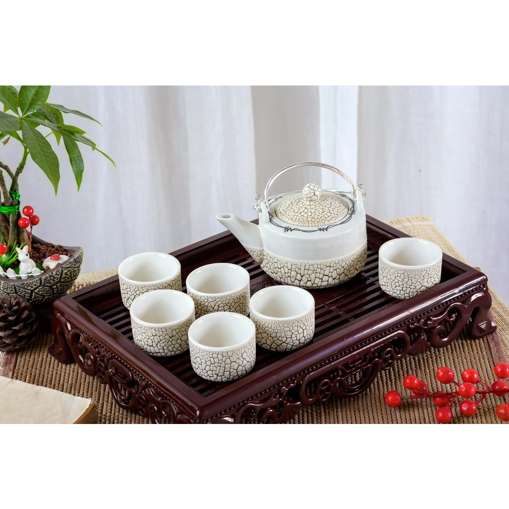 Bộ ấm chén men rạn lưới, bộ bình trà Gốm Bát Tràng thương hiệu Gốm Lạc Việt cao cấp, pha trà tuyệt ngon