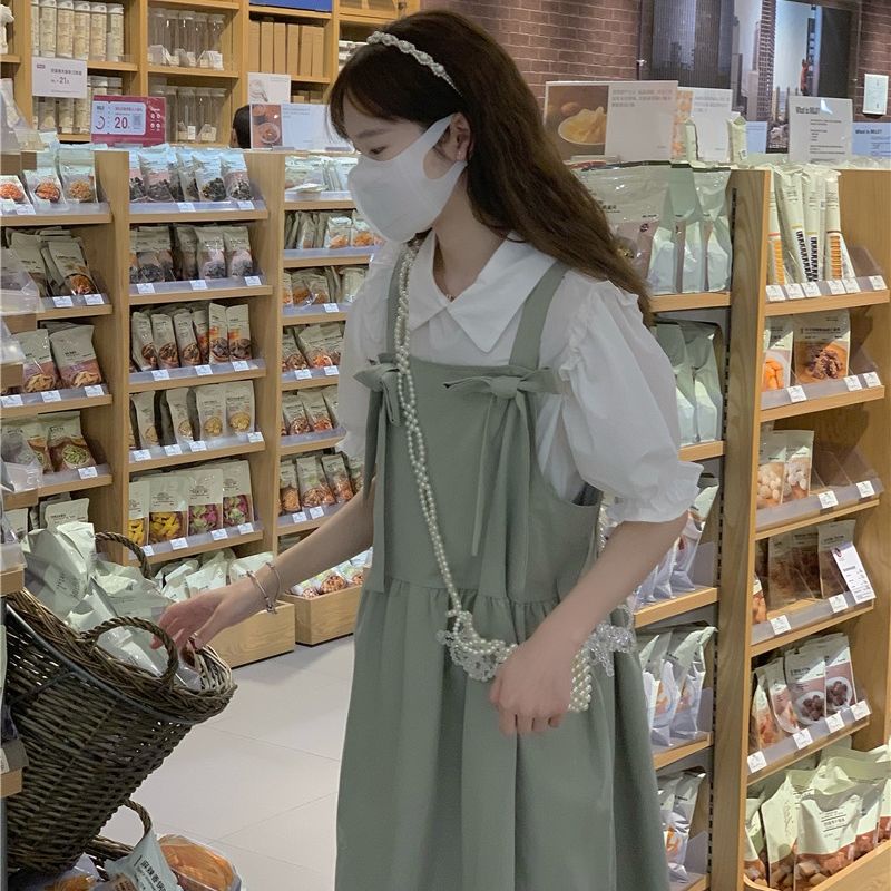 Bộ Áo Sơ Mi Tay Phồng Đính Nơ + Chân Váy Yếm Dài Phong Cách Hàn Quốc Thời Trang Mùa Hè Cho Nữ