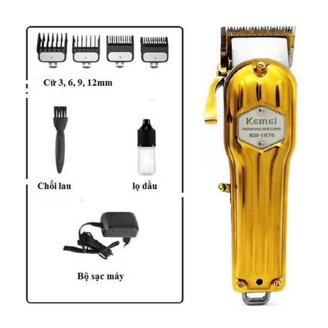 Tông đơ cắt tóc màu Gold Kemei 1976 thân nhôm hợp kim cao cấp lưỡi thép cacbon cao không gỉ sét sắc bén