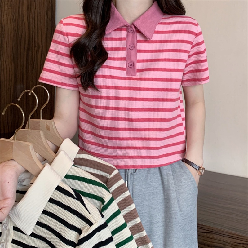 Áo polo nữ phối kẻ ngang , Áo thun cổ bẻ chất cotton xốp mặc đẹp dưới 56kg M7086