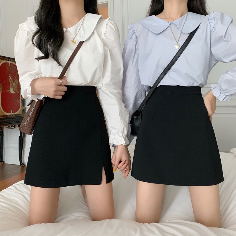 ❁◄☞Mùa xuân phiên bản Hàn Quốc mẫu mới 2021 chữ A cạp cao tôn dáng dễ phối màu trơn ôm mông váy ngắn nữ đen