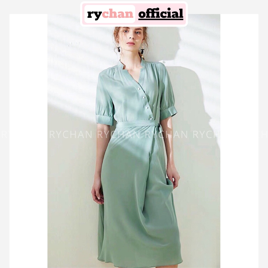 Đầm Xòe Midi Xanh Mint Nút Lệch Cổ Trụ Buộc Eo - DX518