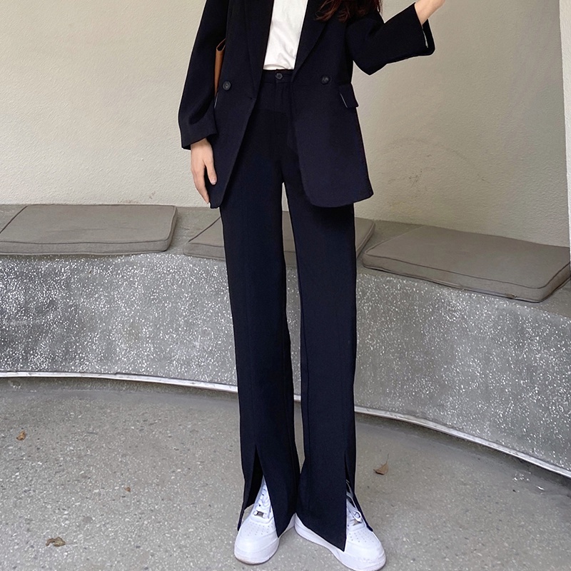 Quần Dài Lưng Cao Ống Rộng Màu Đen Phong Cách Retro Hàn Quốc Cho Nữ