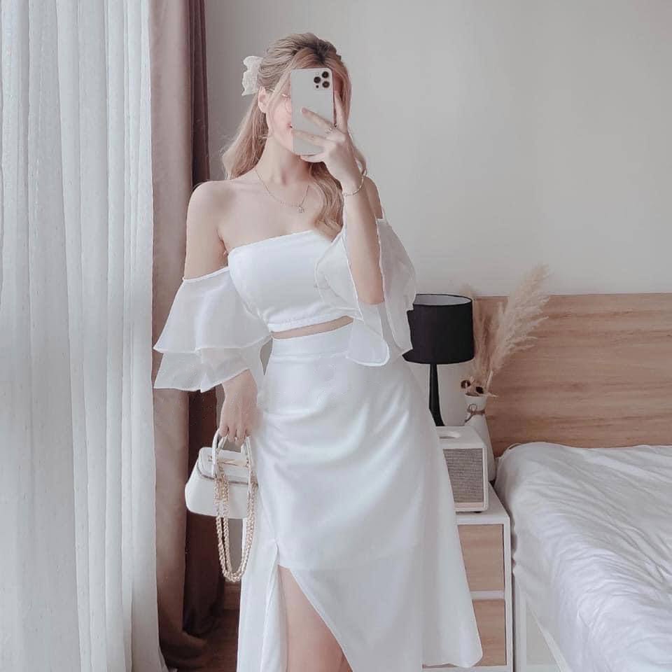 Đầm nữ trễ vai AGITANT dáng croptop mix chân váy xẻ tà dáng dài phù hợp cho đi du lịch, đi biển, đi chơi - XT138