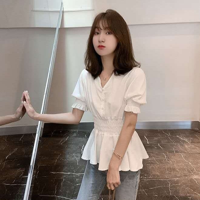 Áo Sơ Mi Voan Cổ Chữ v Tay Ngắn Thắt Eo Mới Thời Trang Mùa Hè Dành Cho Nữ 2022