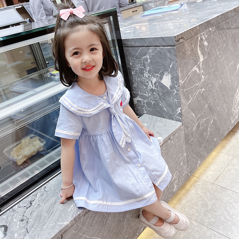 Đầm công chúa tay ngắn cổ thủy thủ chất liệu cotton thời trang mùa hè mới 2022 cho bé gái