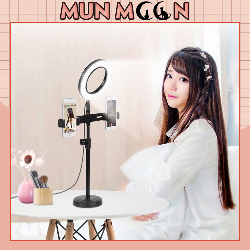 Đèn Livestream Để Bàn 3 Chế Độ Sáng - Kẹp 2 Điện Thoại Có Đèn Hỗ Trợ, Quay Tiktok, Make Up cực tiện dụng/Max