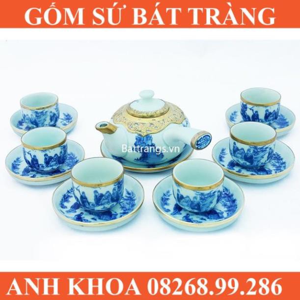 Ấm chén quai ngang bọc đồng cảnh trúc lâm - Gốm sứ Bát Tràng Anh Khoa