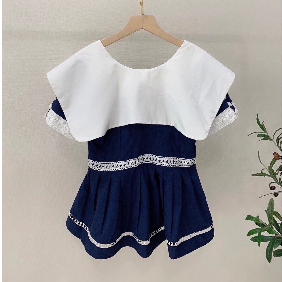 Áo kiểu peplum nữ hải quân xanh đen phối trắng tiẻu thư