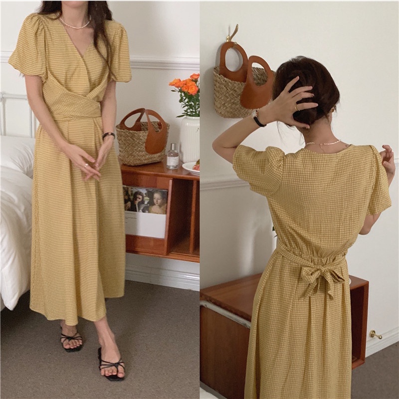 Đầm Ngắn Tay Cổ Chữ V Họa Tiết Ca Rô Ca Rô Thời Trang Pháp 52627