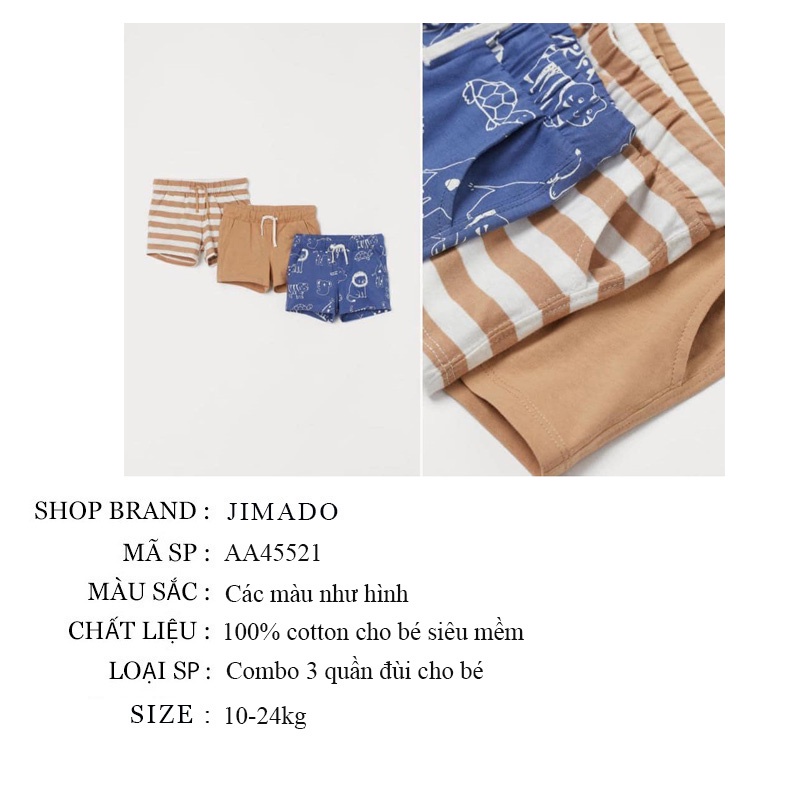 Quần đùi cho bé trai bé gái combo 3 quần đùi trẻ em hàng xuất 100% chất cotton thoáng mát JIMADO AA45521