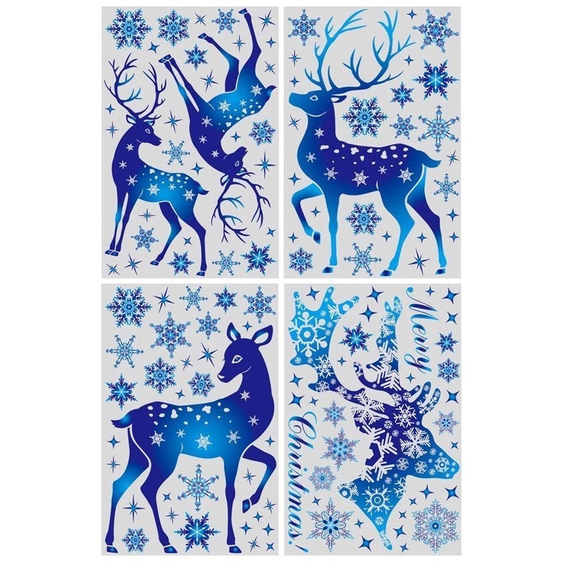 Miếng dán trang trí cửa kính bằng PVC kiểu tĩnh điện hình nai sừng tấm giáng sinh màu xanh lam