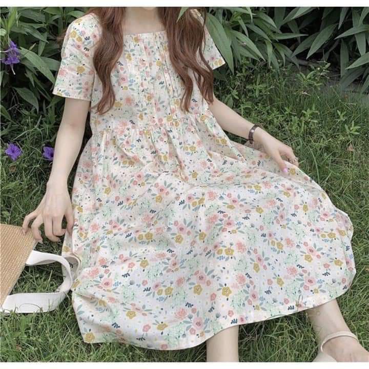 [Ảnh thật] Váy hoa màu pastel ngọt ngào Đầm babydoll dáng rộng phong cách ulzzang