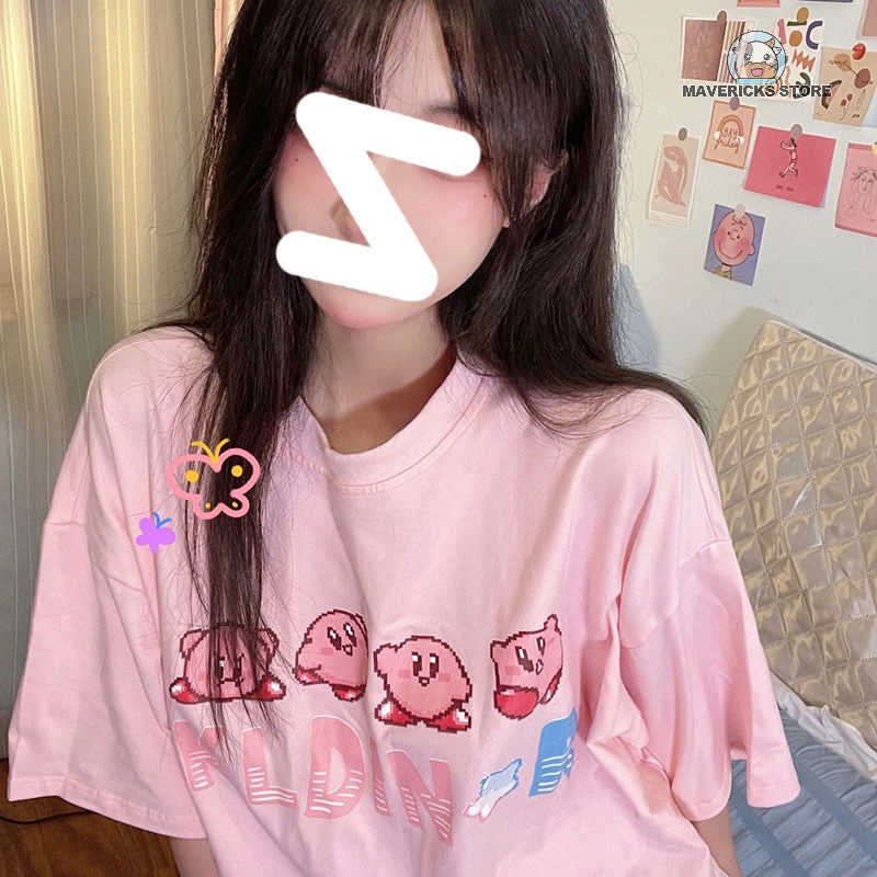 Áo thun cotton tay ngắn dáng rộng in hình Kirby màu hồng phong cách dễ thương thời trang mùa hè cho nữ