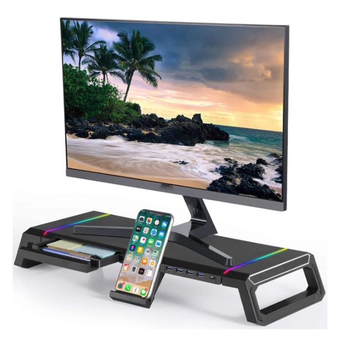 Chân đế Máy tính,đế Màn hình Riser - Máy tính để bàn có 4 cổng USB, đèn RGB, Giá đỡ điện thoại ICE COOREl