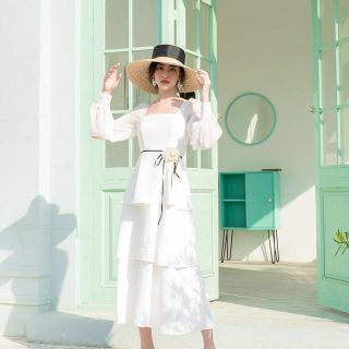 Đầm dự tiệc xòe bèo tầng, đầm dự tiệc xòe tay dài kèm nơ