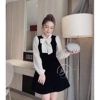 Váy nhung tay bồng cổ nơ