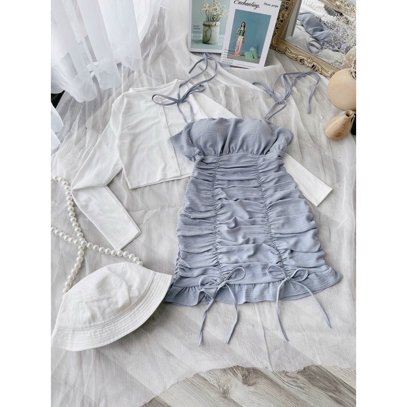 [Mã SKAMSALEP6 giảm 10% tối đa 100K đơn 150K] Set đầm xanh 2 dây nhún thân lai bèo kèm áo khoác trắng | BigBuy360 - bigbuy360.vn