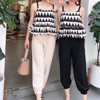 Set áo 2 dây và quần đũi bo gấu