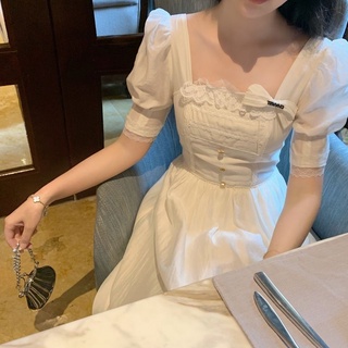 2022 Women's White French Short Sleeve Square Neck Princess Summer New Fashion Midi Dress