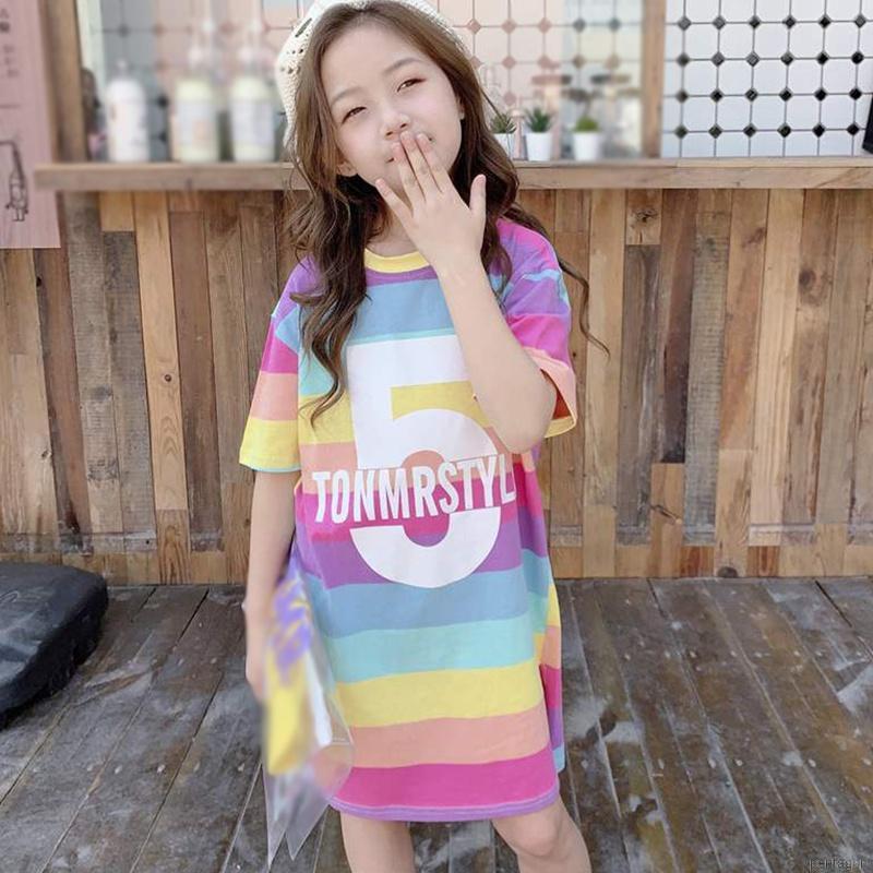 Đầm Thun Ngắn Tay Sọc Ngang Màu Cầu Vồng Cho Bé Gái