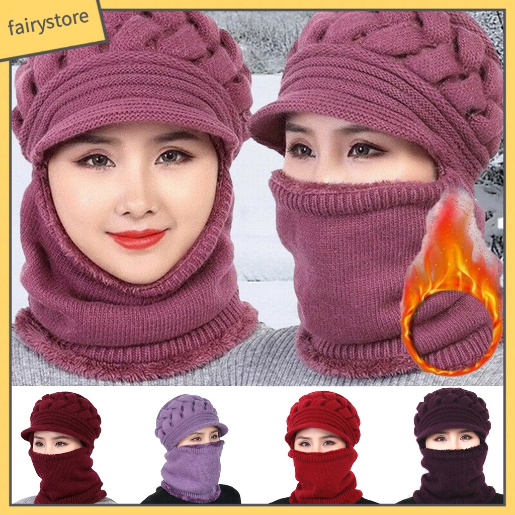 Mũ Trùm Đầu Dệt Kim Kèm Khăn Choàng Cổ Giữ Ấm Cho Nữ