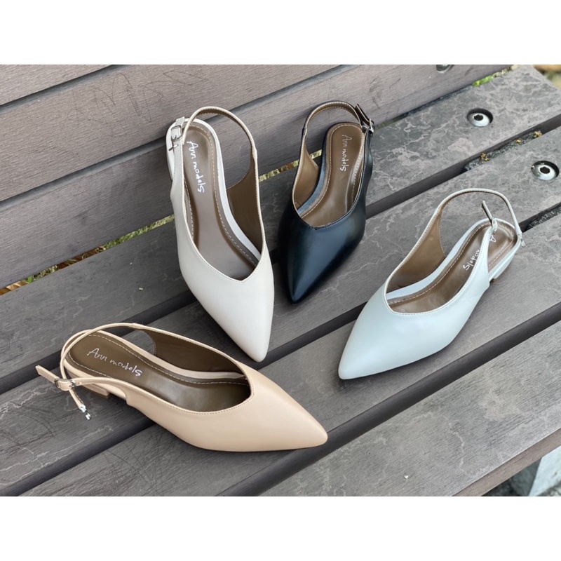 Giày búp bê Annmodels mũi nhọn kiểu dáng thời trang tiểu thư  phối dây hở gót cao 2cm _Min331