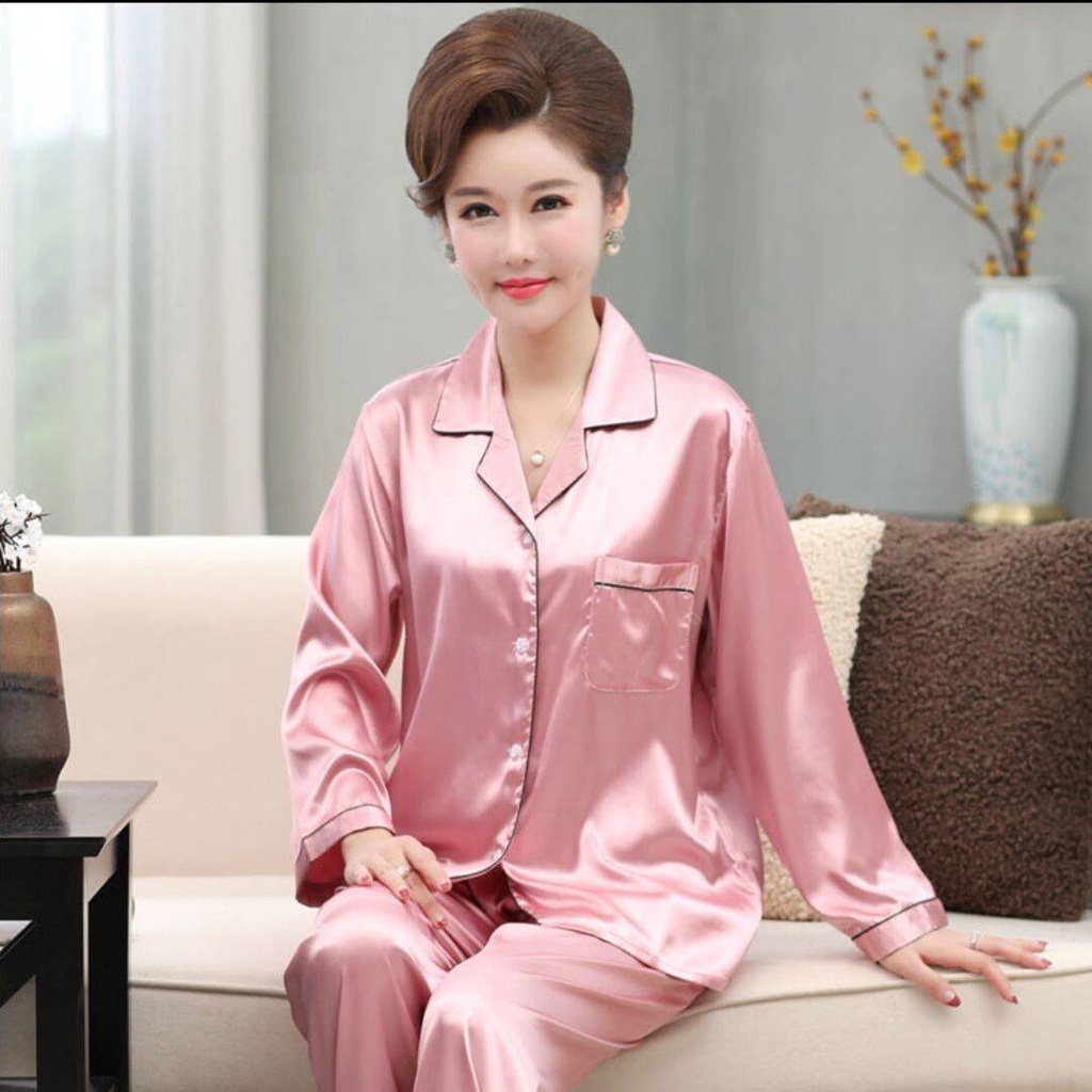 Bộ Đồ Ngủ Tay Dài Vải Lụa Lạnh Cỡ Lớn Thời Trang Xuân Thu Cho Phụ Nữ Trung Niên