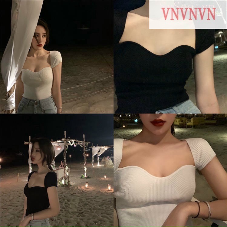 Áo thun gân cổ vuông xẻ ngực tay ngắn ôm body sexy